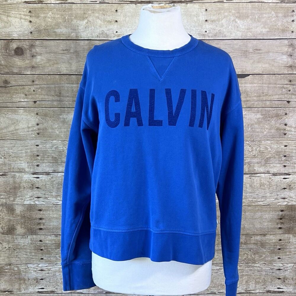 Calvin Klein Jeans Womens XL Blue Logo Terry Sweatshirt Pullover Crew Neck